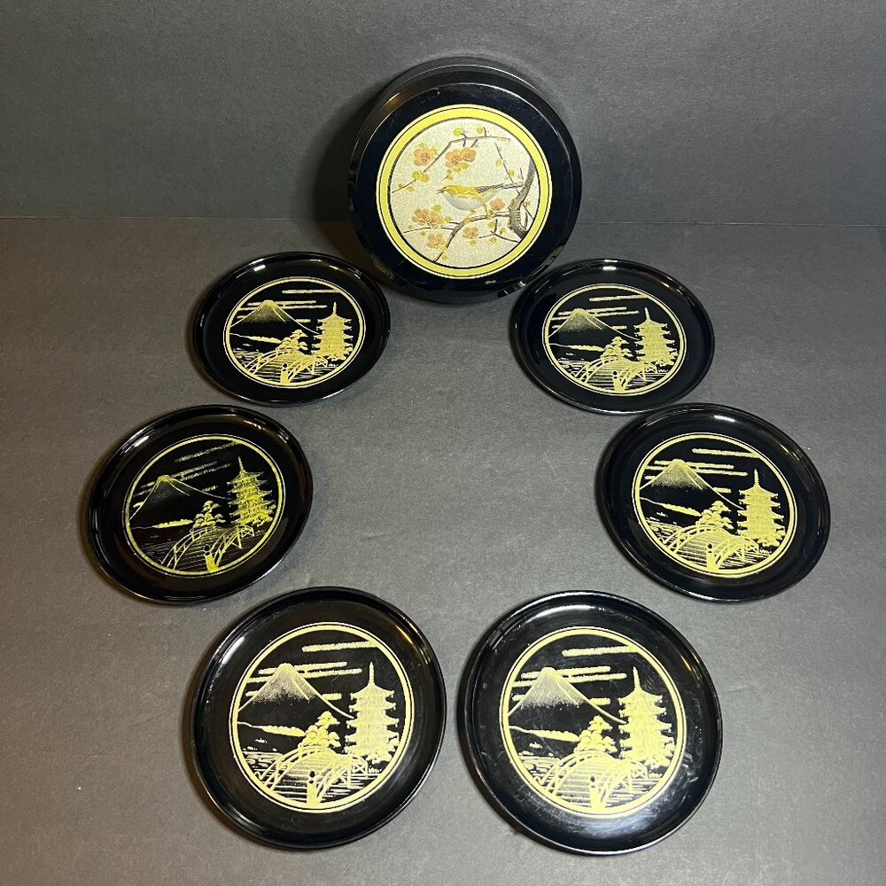 VTG Otagiri Asian Black Lacqueware 6pc Round Landscape Coasters & Bird Container
